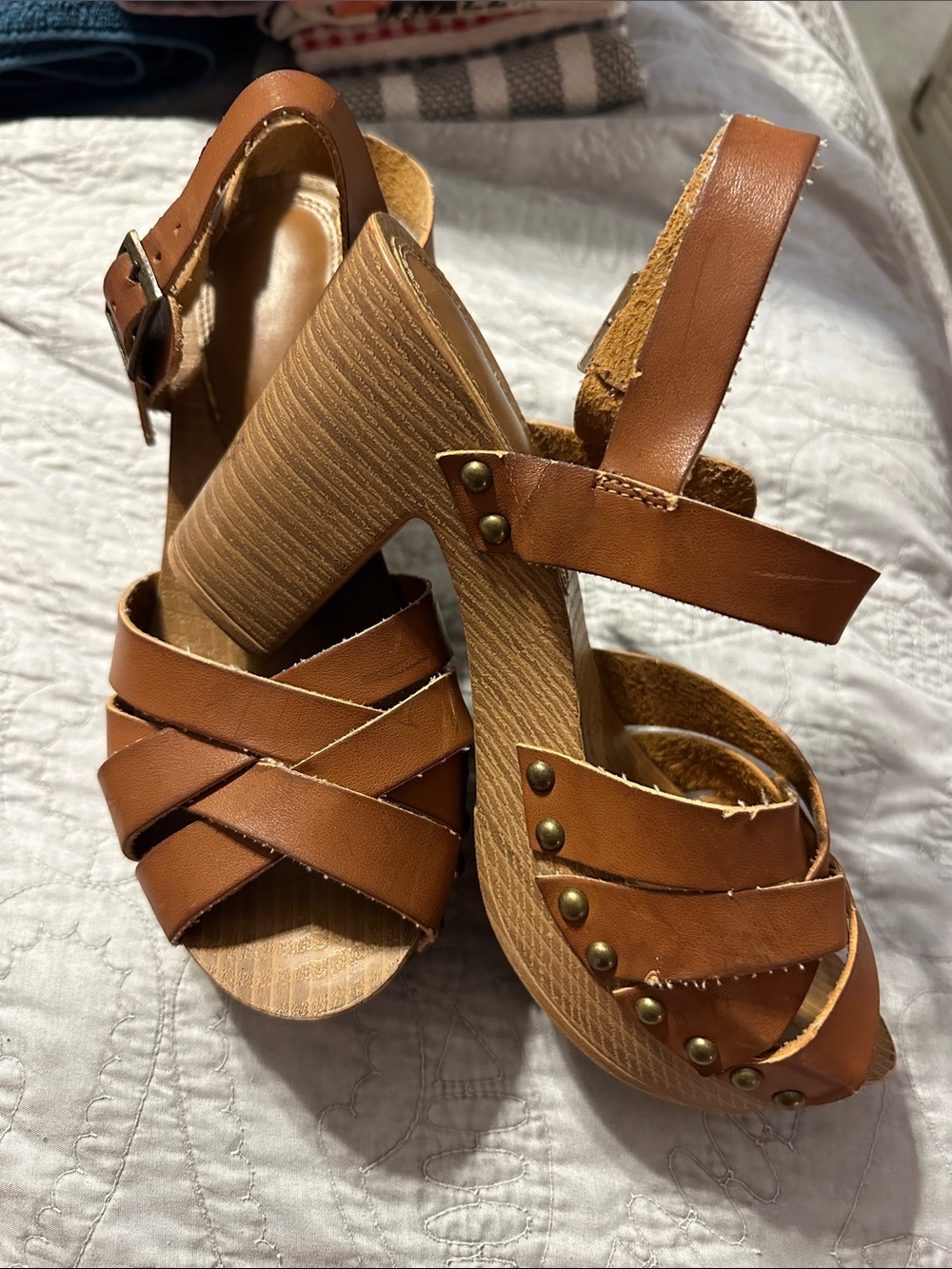 Brown Leather-Look Platform Sandals - Women's Strappy Heels